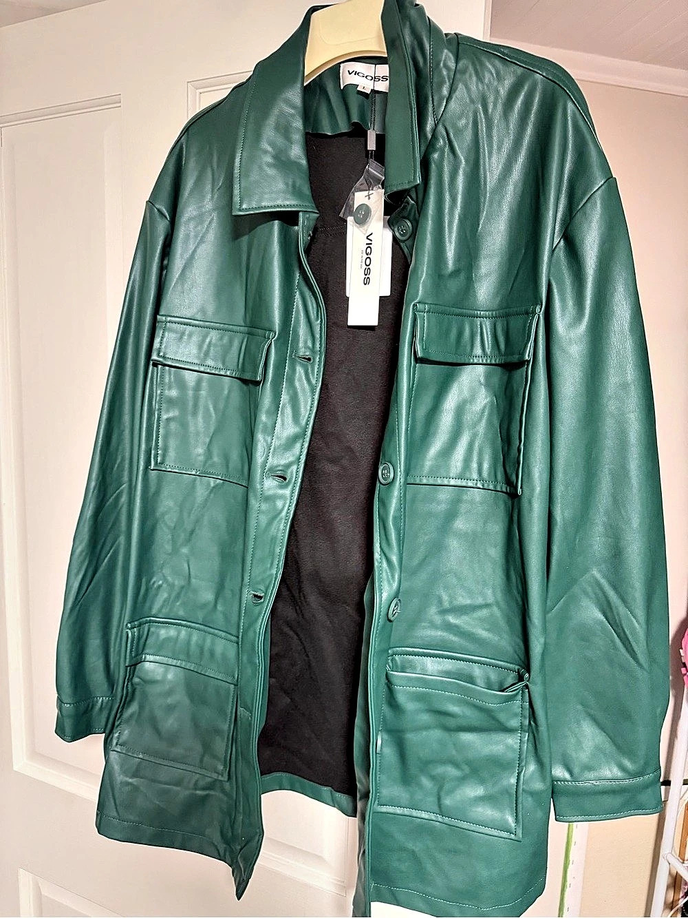 Faux Leather Utility Jacket Green Large NWT